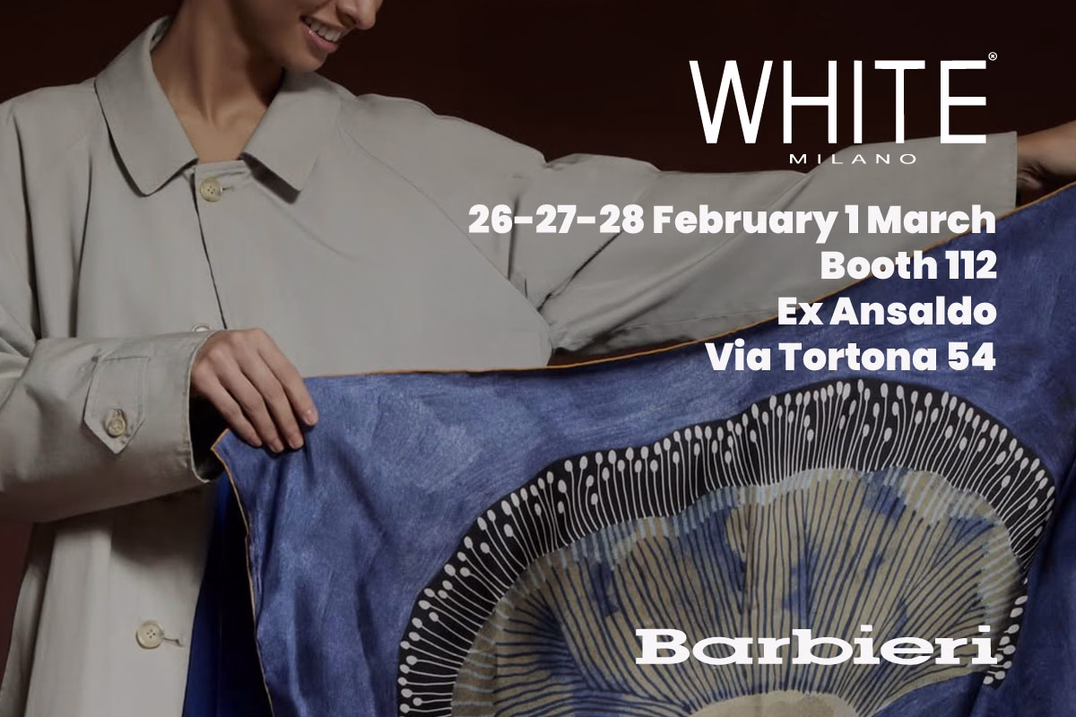 Barbieri at WHITE Milano, an invitation inspired by the colors of blue and white.